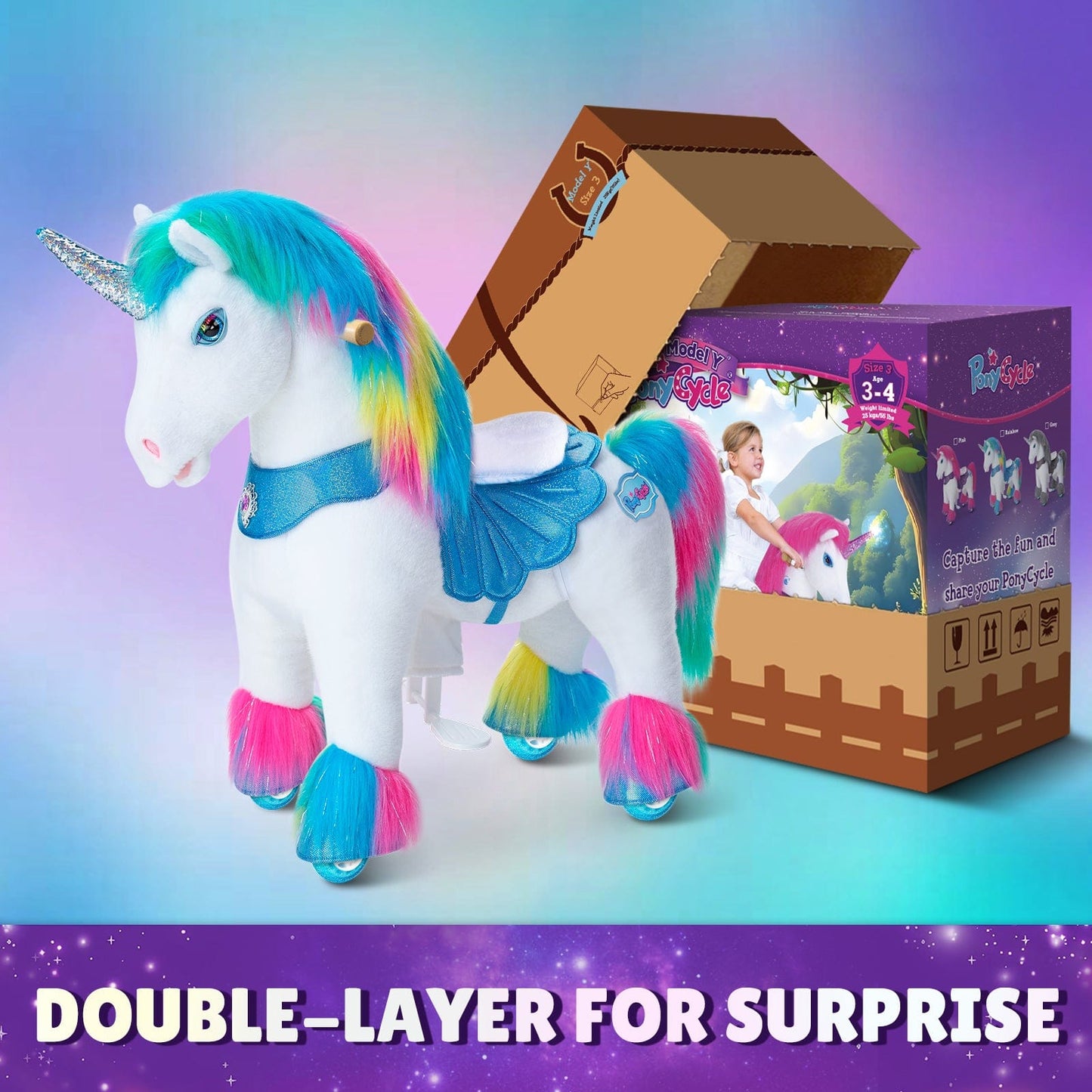 Model Y® Rainbow Unicorn Rideable Toy for Age 3-4