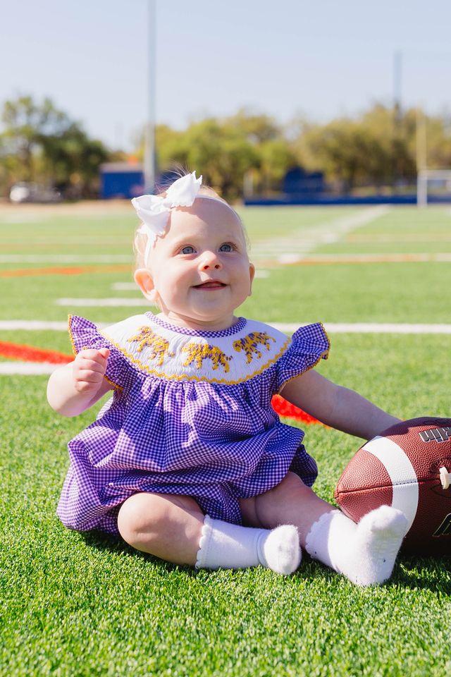 Girls Purple Tiger Smocked Bubble – LSU-Inspired Baby Girl Game Day Bubble | The Prissy Pelican Boutique Bossier City, LA